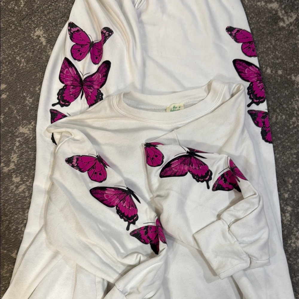 White Sweatshirt and Joggers with Pink Butterfly Design - Picture 2 of 2